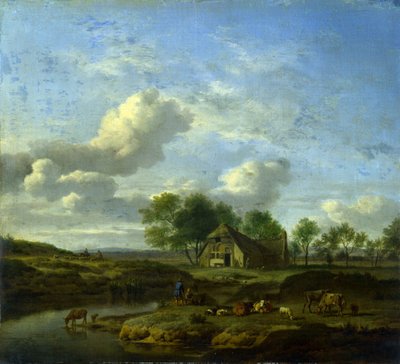 Een landschap met een boerderij aan een beek door Adriaen van de Velde